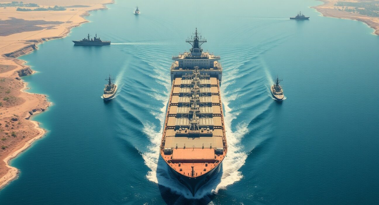 Aerial view of an oil tanker navigating the strategic Strait of Hormuz waterway, a critical global oil chokepoint.