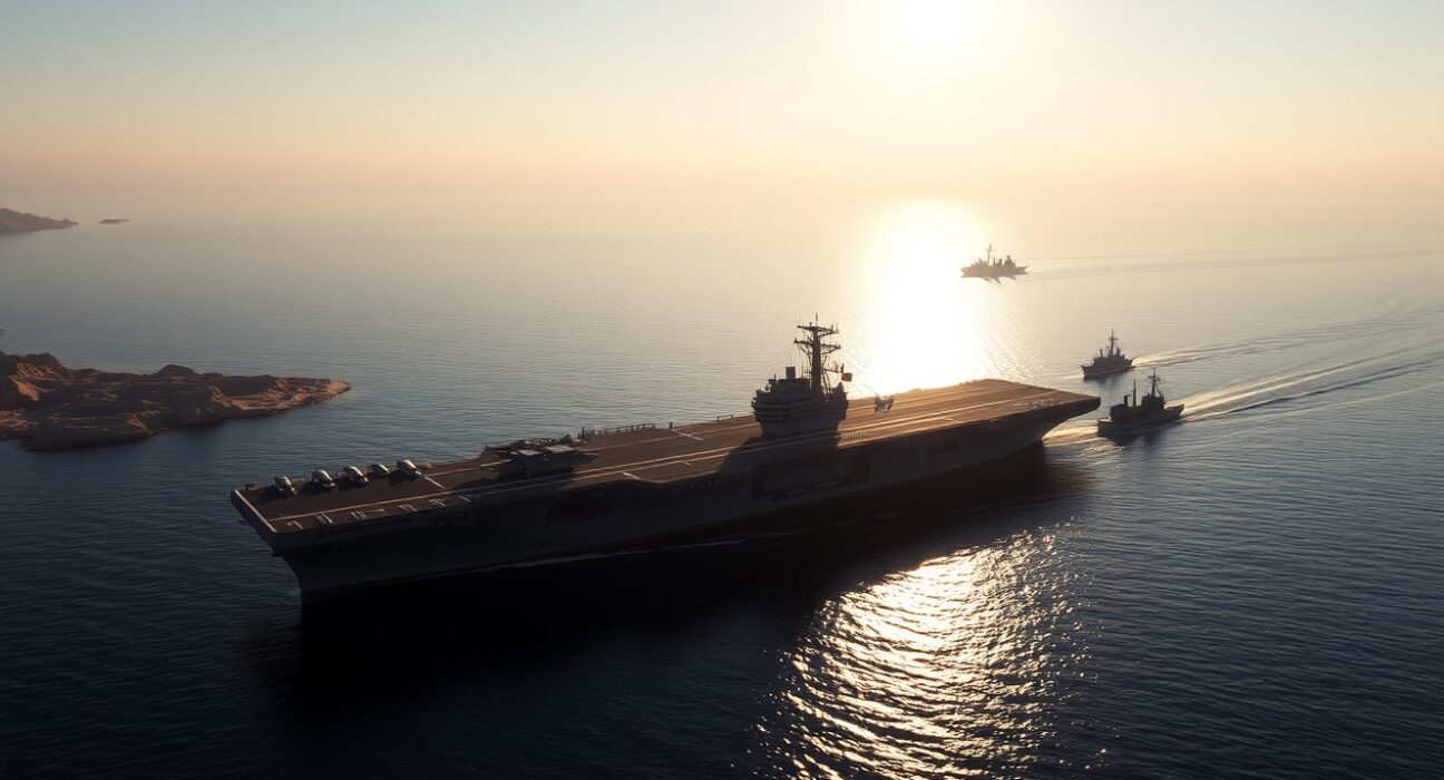 US Navy ships navigating the Strait of Hormuz following Treasury Secretary Bessent's announcement of opening the waterway for global energy security.