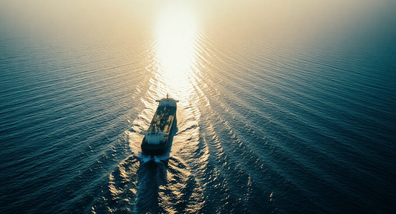 Oil tanker sailing through the Strait of Hormuz at dawn, representing global shipping and geopolitical tensions.