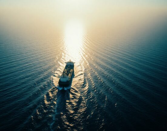 Oil tanker sailing through the Strait of Hormuz at dawn, representing global shipping and geopolitical tensions.