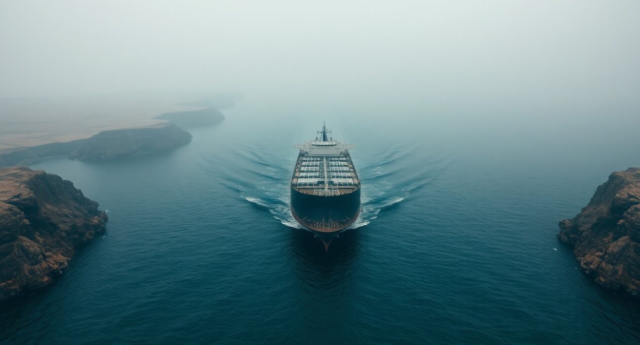 Oil tanker navigating the Strait of Hormuz under overcast skies, highlighting the strategic chokepoint for global oil shipments.