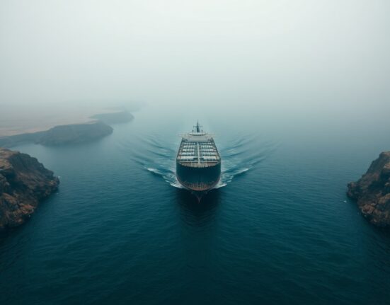 Oil tanker navigating the Strait of Hormuz under overcast skies, highlighting the strategic chokepoint for global oil shipments.