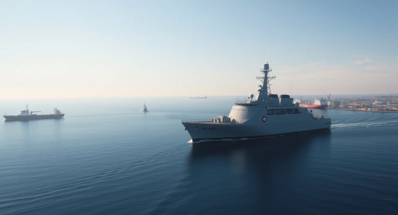 Iranian naval vessel patrolling the Strait of Hormuz, a critical maritime chokepoint under Iran's control.