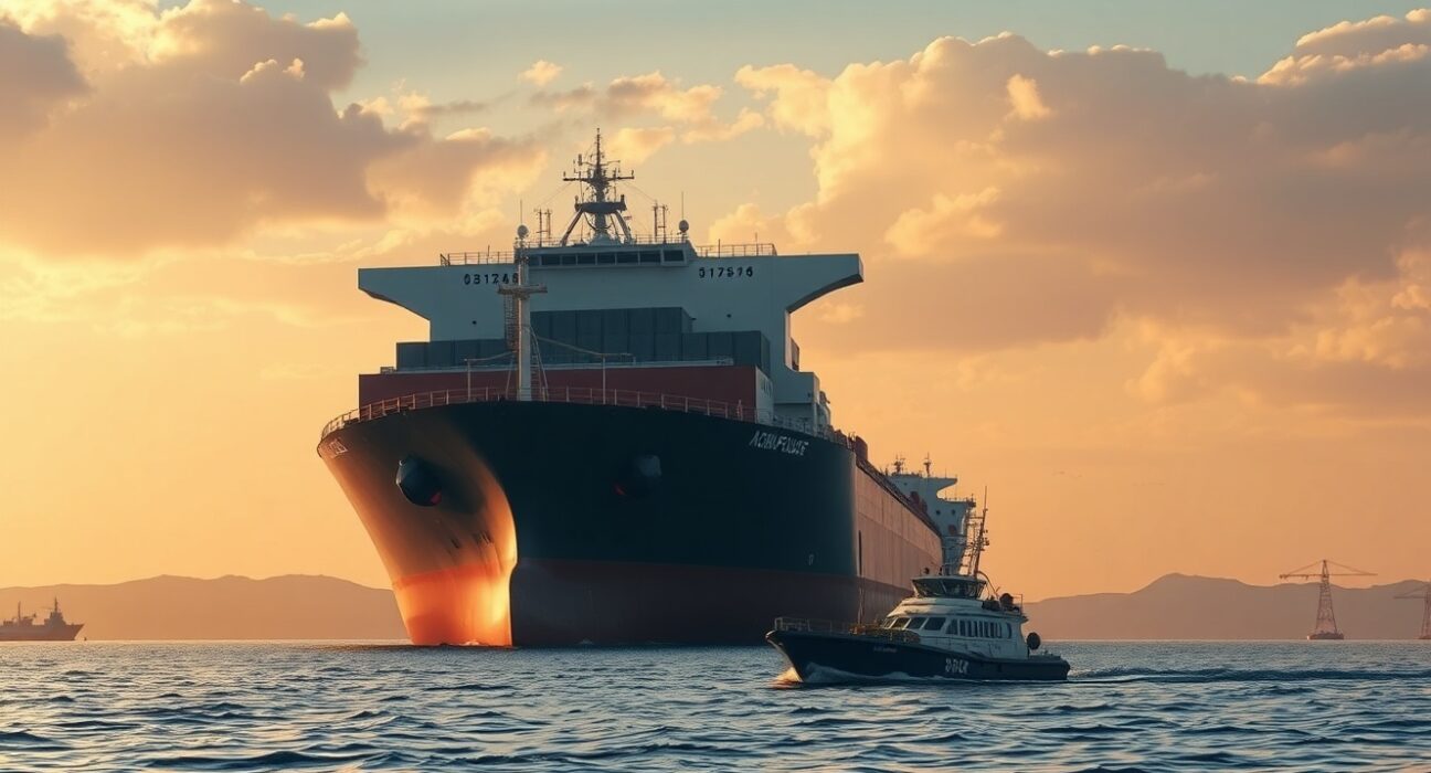 Strait of Hormuz shipping lane with Iranian patrol boat enforcing new maritime restrictions