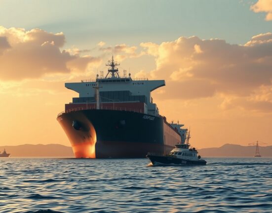 Strait of Hormuz shipping lane with Iranian patrol boat enforcing new maritime restrictions