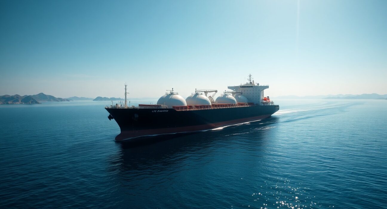 LNG ship sailing through Strait of Hormuz after US-Iran conflict, symbolizing restored energy trade flow