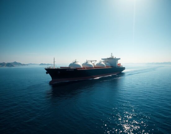 LNG ship sailing through Strait of Hormuz after US-Iran conflict, symbolizing restored energy trade flow