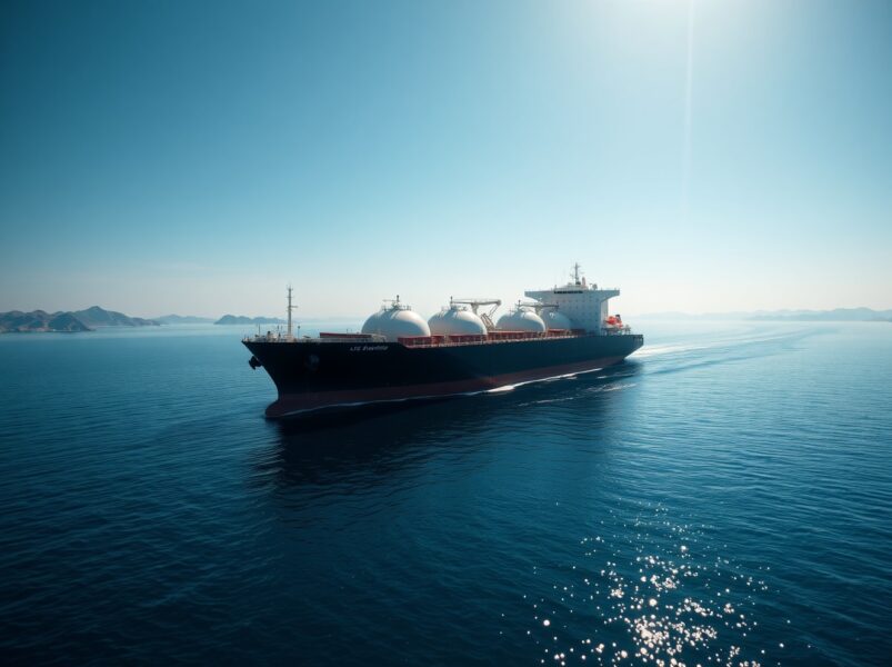 LNG ship sailing through Strait of Hormuz after US-Iran conflict, symbolizing restored energy trade flow