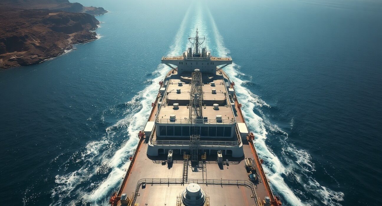 Oil tanker navigating the Strait of Hormuz, a key chokepoint for global oil shipments