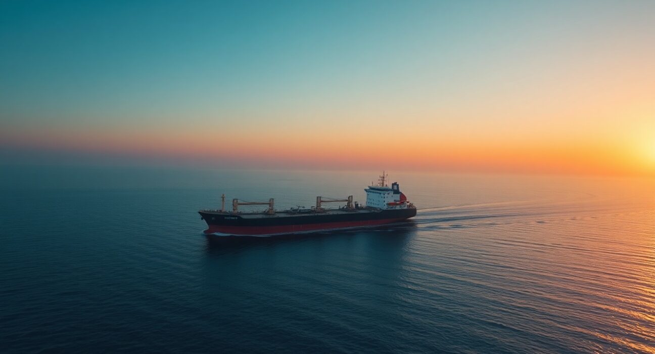 Oil tanker navigating the Strait of Hormuz with Iranian coastline in background