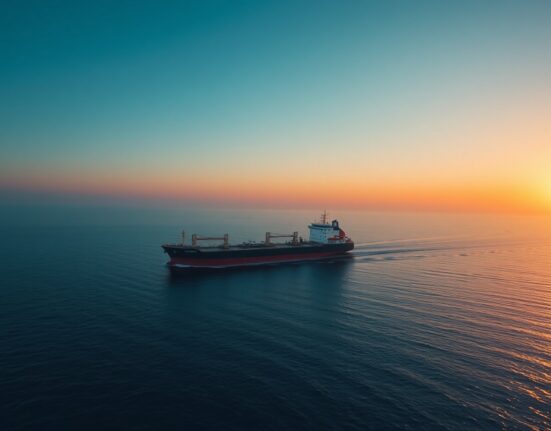 Oil tanker navigating the Strait of Hormuz with Iranian coastline in background