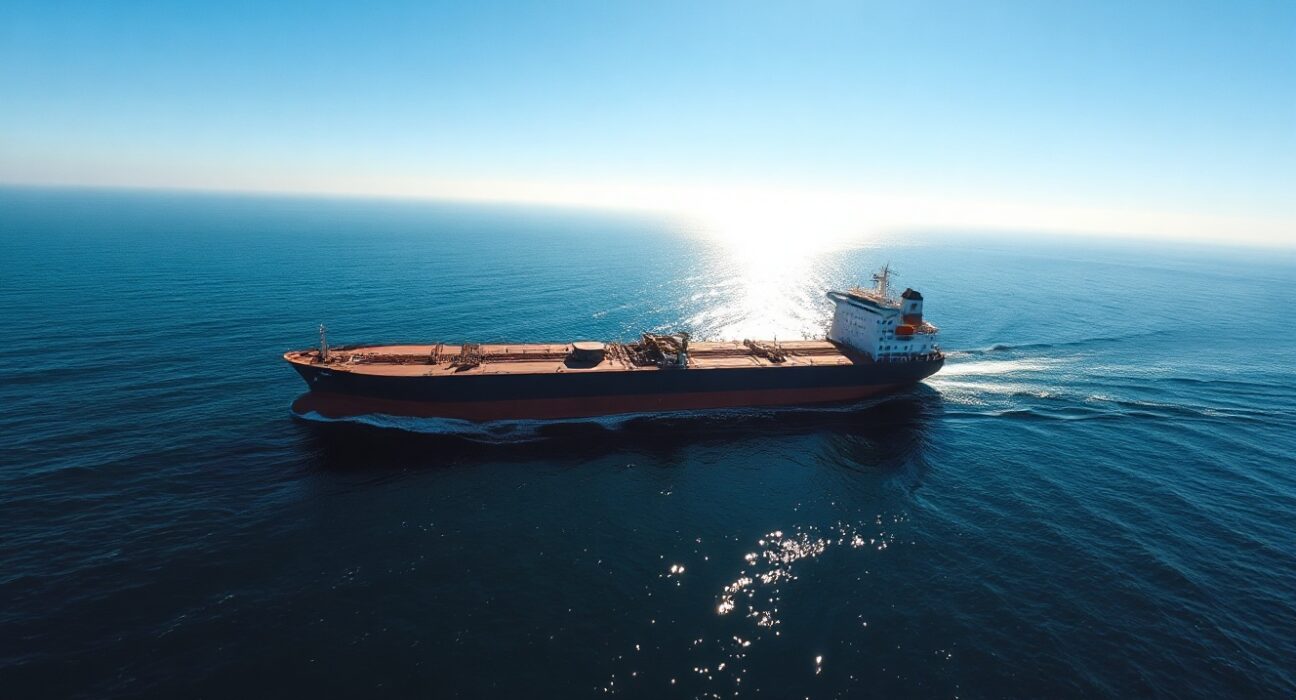 Oil tanker sailing through the Strait of Hormuz under clear skies