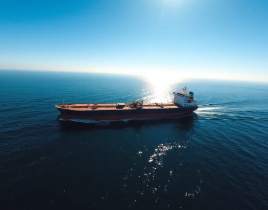 Oil tanker sailing through the Strait of Hormuz under clear skies