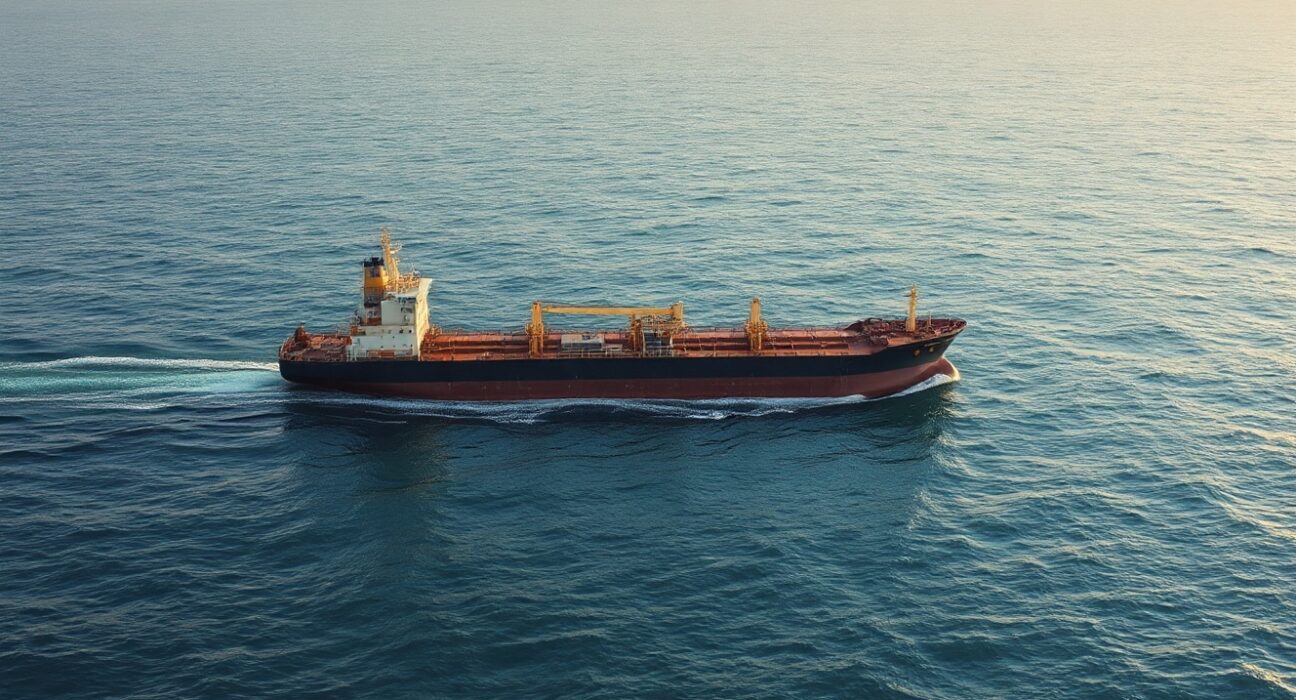 Oil tanker sailing through the Strait of Hormuz during calm seas at sunset