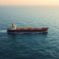 Oil tanker sailing through the Strait of Hormuz during calm seas at sunset