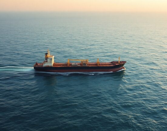 Oil tanker sailing through the Strait of Hormuz during calm seas at sunset