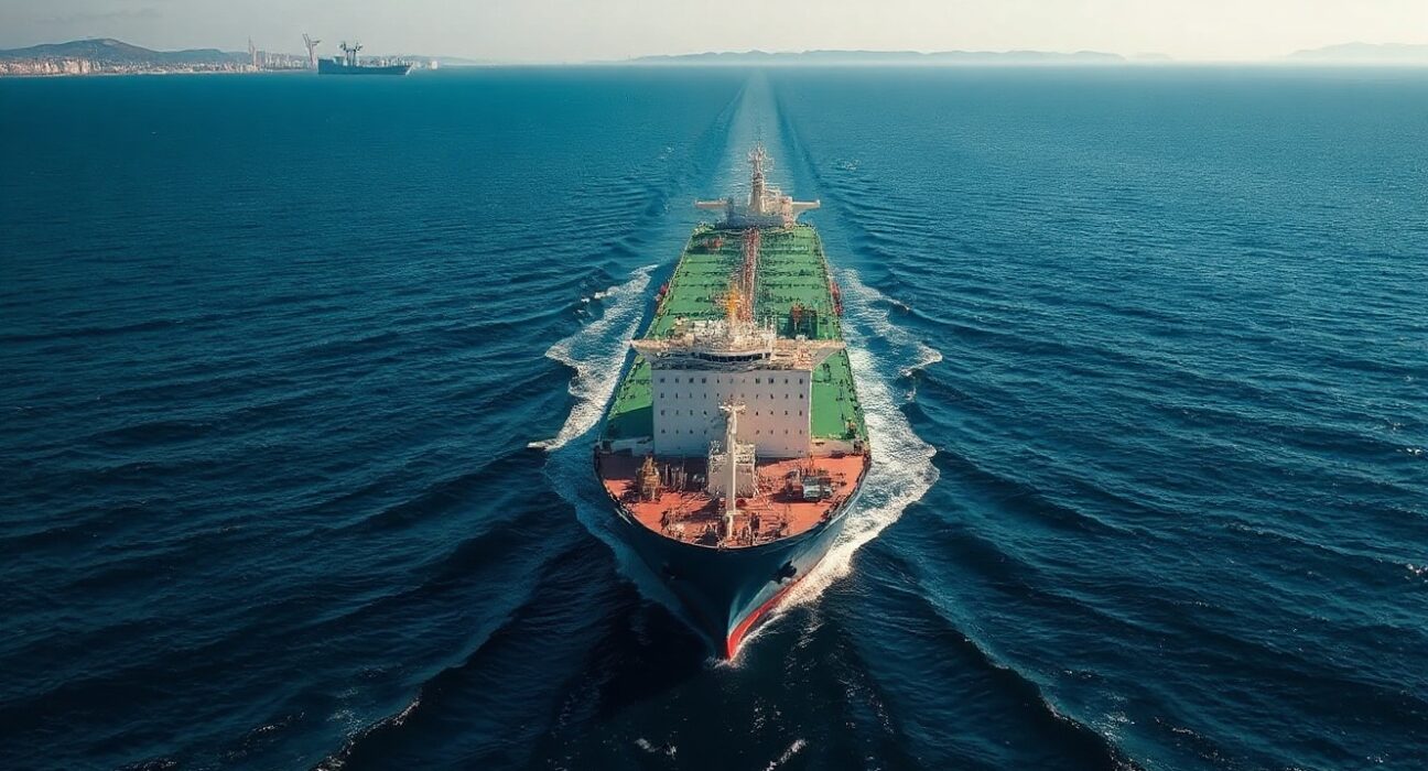 Oil tanker navigating the Strait of Hormuz, a strategic maritime chokepoint for global oil shipments.