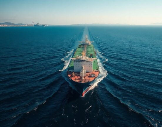 Oil tanker navigating the Strait of Hormuz, a strategic maritime chokepoint for global oil shipments.