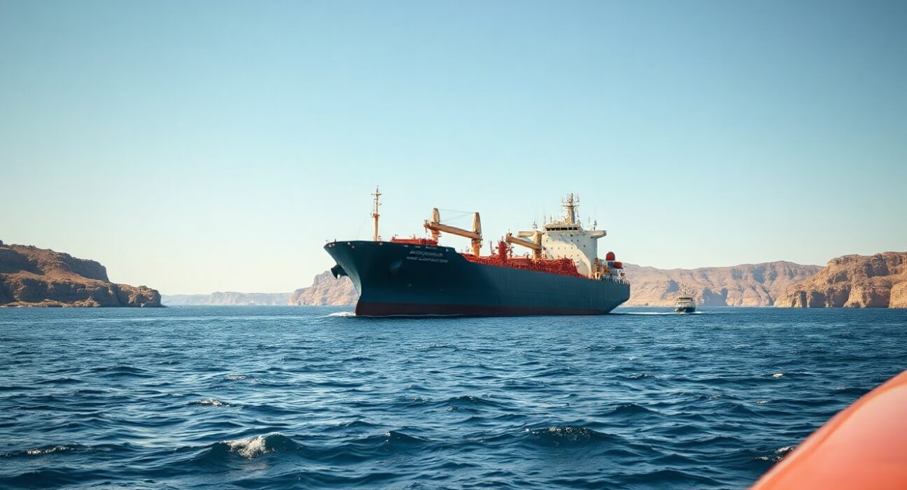 Oil tanker sailing through the Strait of Hormuz under clear daylight sky