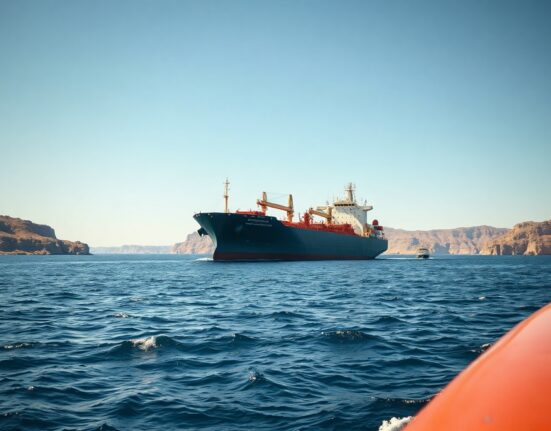 Oil tanker sailing through the Strait of Hormuz under clear daylight sky