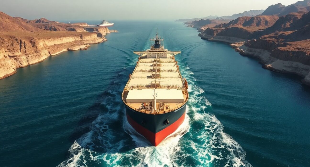 Oil tanker navigating the Strait of Hormuz under clear skies