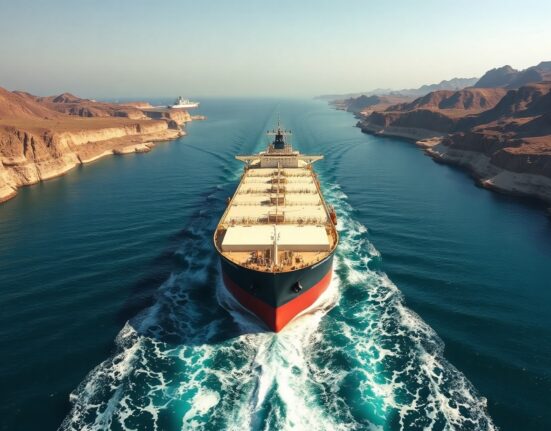 Oil tanker navigating the Strait of Hormuz under clear skies