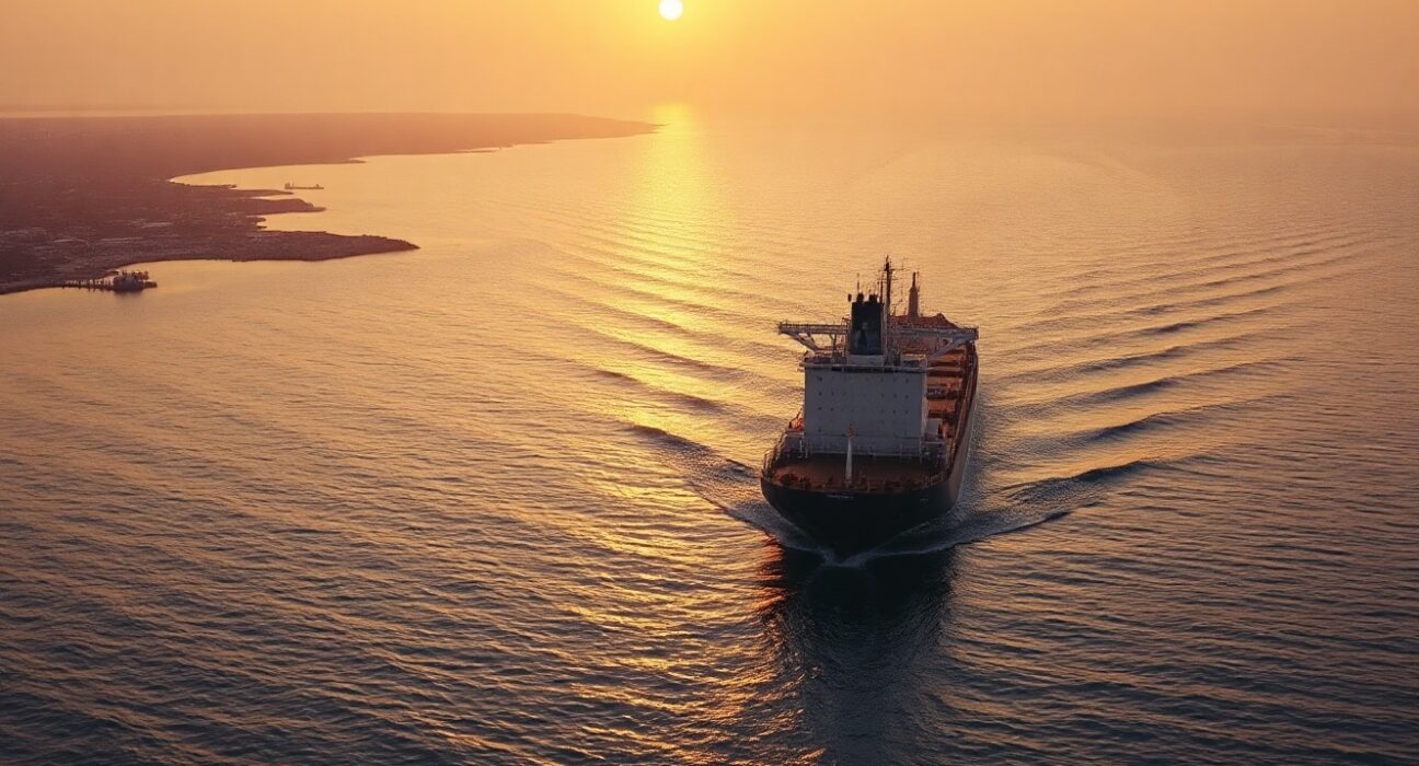 Oil tanker sailing through the Strait of Hormuz at sunset with coastline visible