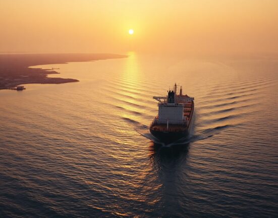 Oil tanker sailing through the Strait of Hormuz at sunset with coastline visible