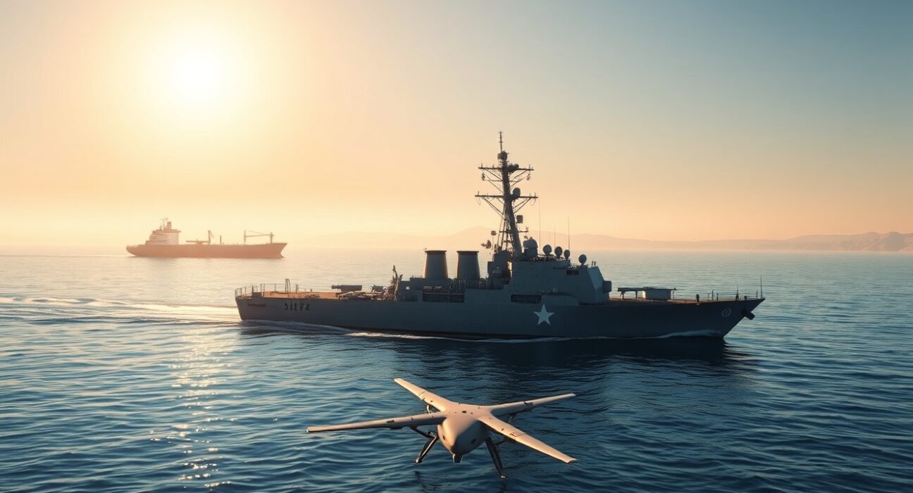 US Navy missile destroyer patrols the Strait of Hormuz during a Freedom of Navigation operation to secure global oil trade routes.