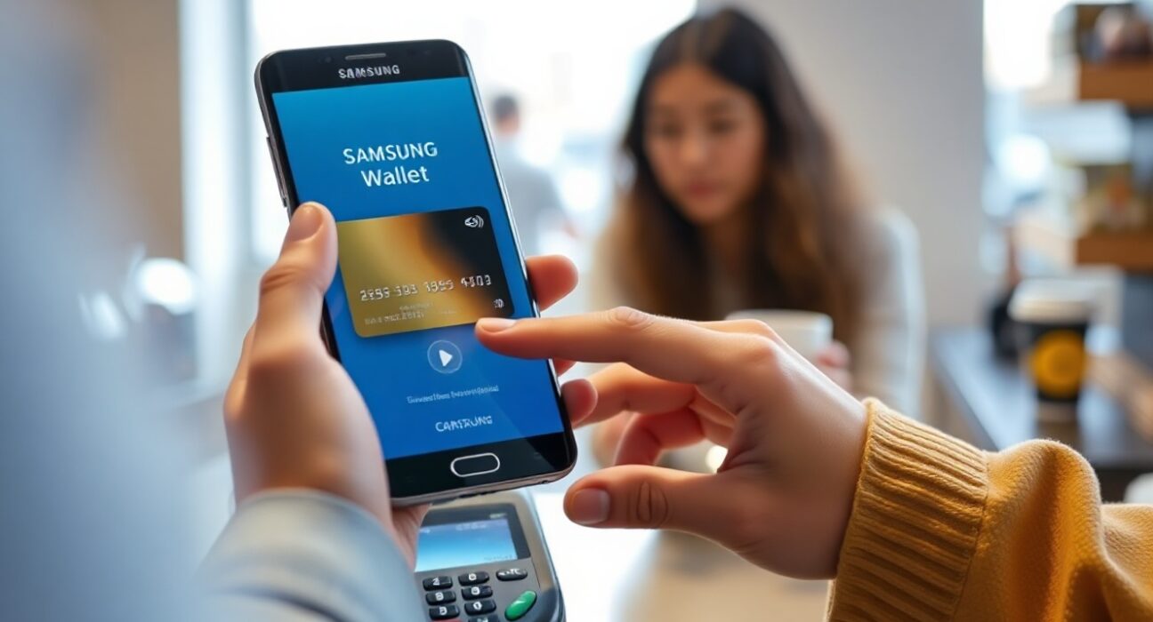 Samsung smartphone displaying a digital card on Samsung Wallet near a contactless payment terminal.