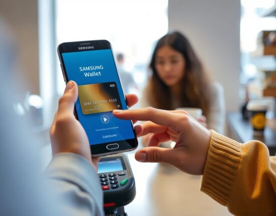 Samsung smartphone displaying a digital card on Samsung Wallet near a contactless payment terminal.