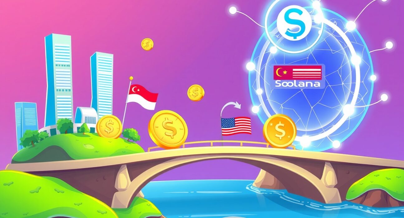 StraitsX stablecoins bridging Singapore and US dollar liquidity to the fast Solana blockchain in a vibrant digital landscape.
