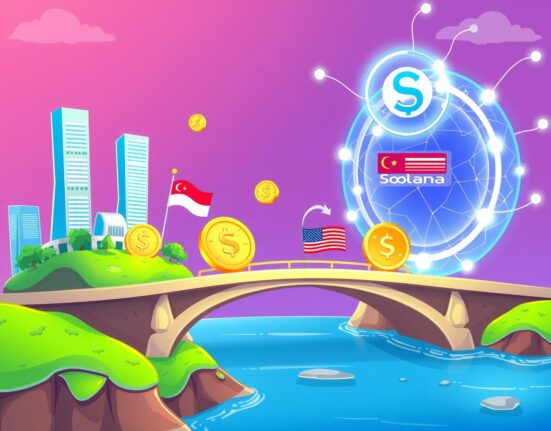 StraitsX stablecoins bridging Singapore and US dollar liquidity to the fast Solana blockchain in a vibrant digital landscape.
