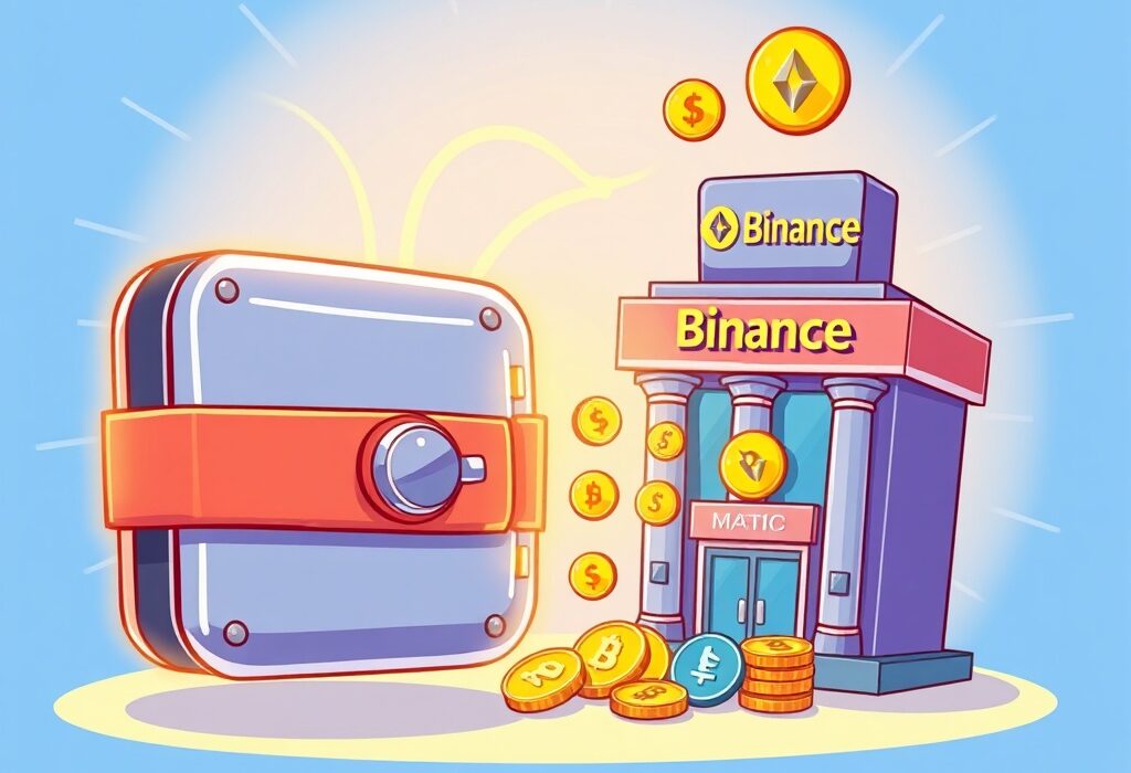 A cartoon illustration showing a secure digital wallet receiving a significant Binance withdrawal of various cryptocurrencies.