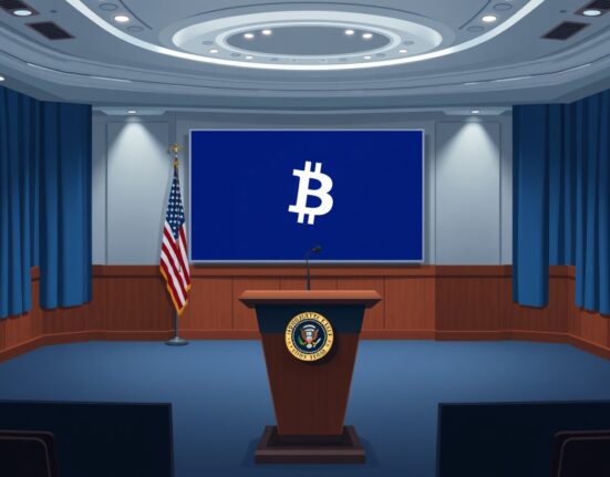 White House press briefing room with a screen displaying a Bitcoin symbol, representing the upcoming Strategic Bitcoin Reserve announcement.