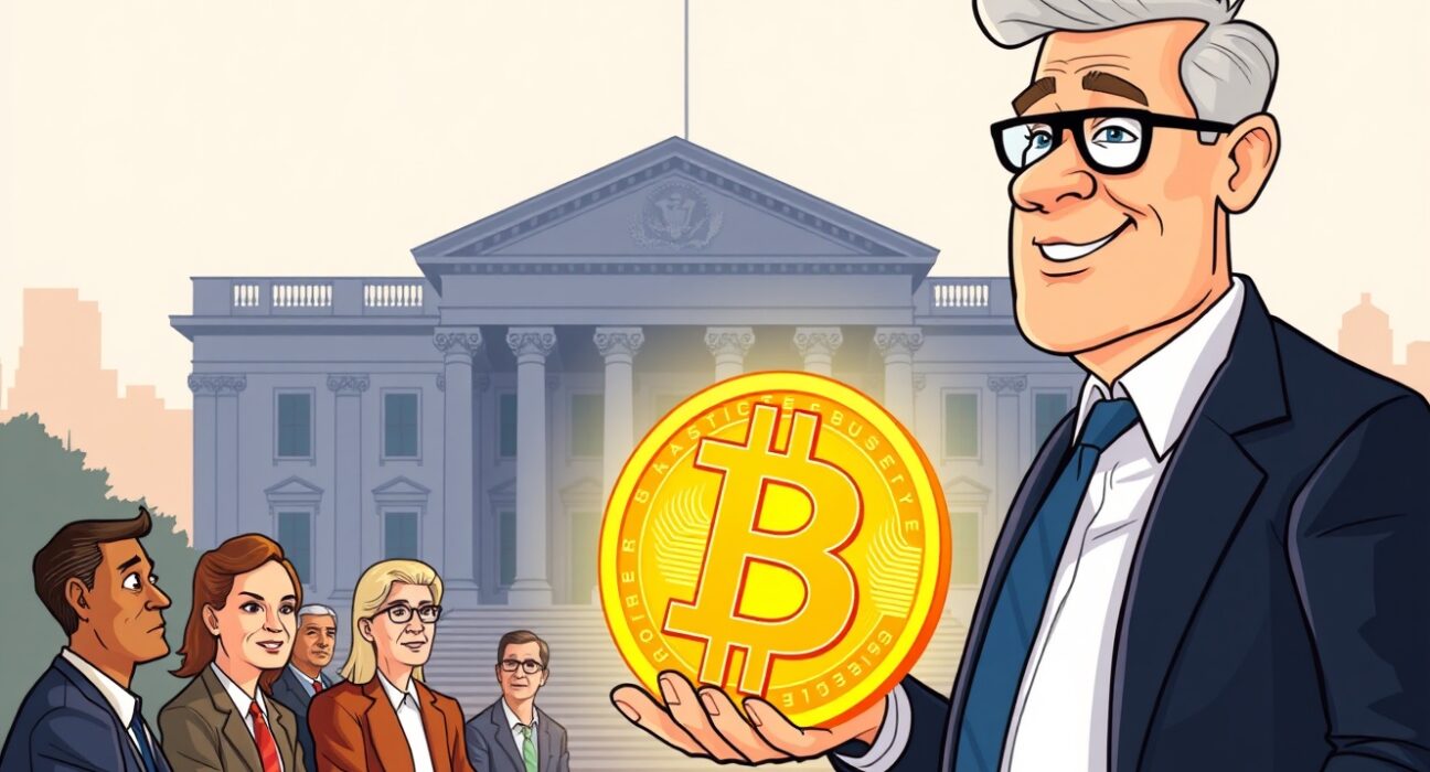 An illustration showing a White House advisor discussing the establishment of a Strategic Bitcoin Reserve, symbolizing future U.S. crypto policy.