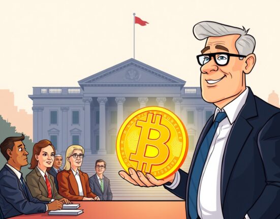 An illustration showing a White House advisor discussing the establishment of a Strategic Bitcoin Reserve, symbolizing future U.S. crypto policy.