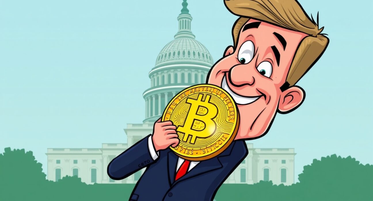 Cartoon illustration of a US official signaling the potential establishment of a Strategic Bitcoin Reserve, highlighting a pivotal moment for crypto.