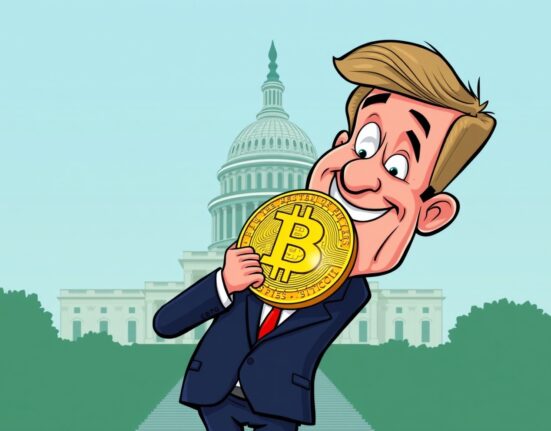 Cartoon illustration of a US official signaling the potential establishment of a Strategic Bitcoin Reserve, highlighting a pivotal moment for crypto.