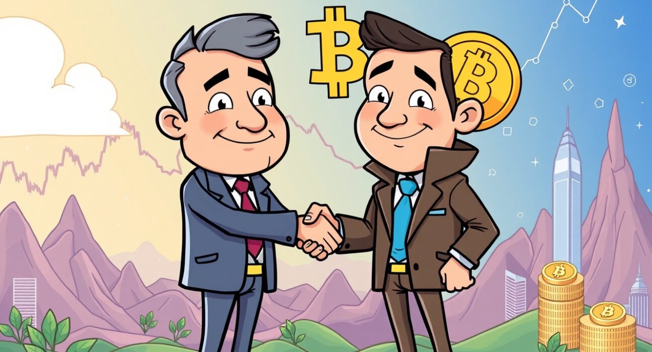 A cartoon illustration symbolizing the strategic crypto broker acquisition of GlobalBlock by GCEX, representing growth in asset management.