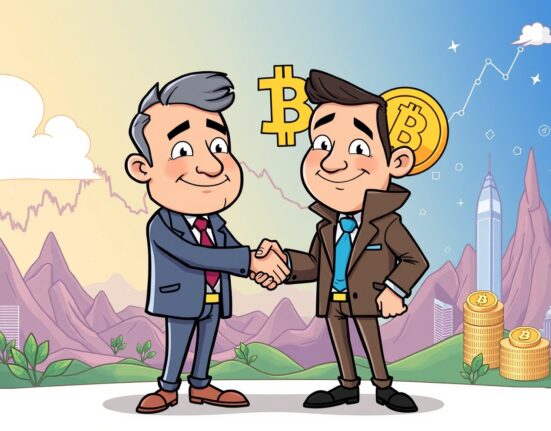 A cartoon illustration symbolizing the strategic crypto broker acquisition of GlobalBlock by GCEX, representing growth in asset management.