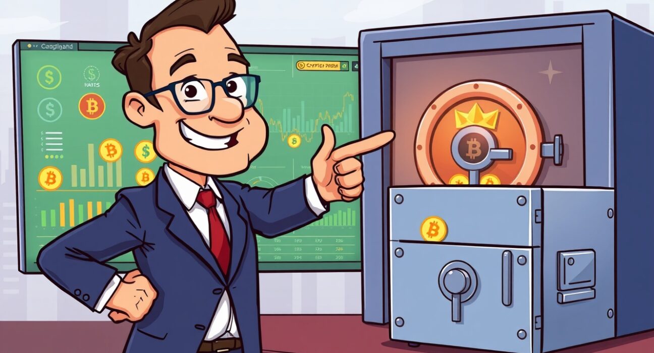 A cartoon illustration showing a business executive managing secure crypto treasuries as vital strategic assets for future growth.