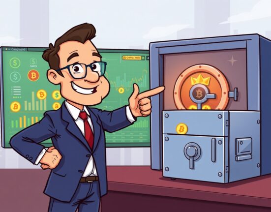 A cartoon illustration showing a business executive managing secure crypto treasuries as vital strategic assets for future growth.