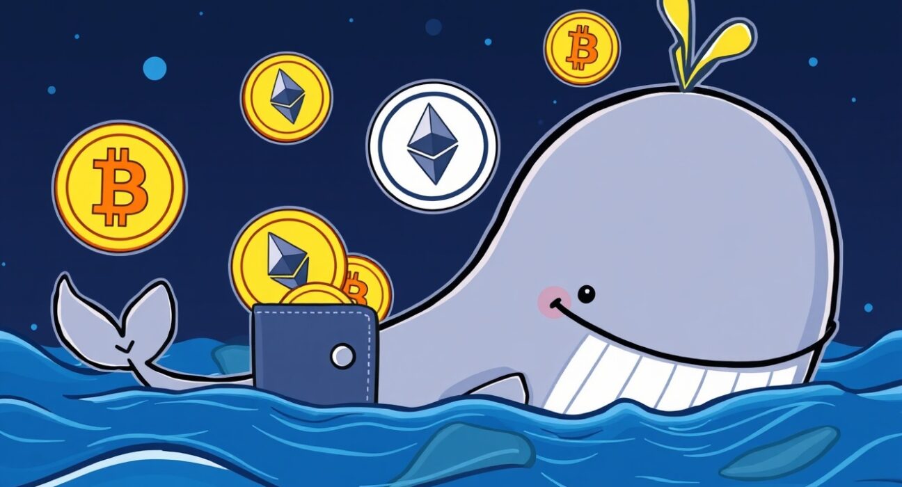 Cartoon illustration of a strategic crypto whale accumulating Bitcoin and Ethereum, highlighting significant crypto whale positions.