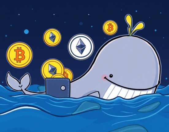 Cartoon illustration of a strategic crypto whale accumulating Bitcoin and Ethereum, highlighting significant crypto whale positions.