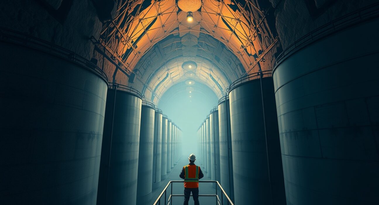 A vast underground cavern of the US Strategic Petroleum Reserve with towering steel storage tanks, illustrating the recent surge in SPR releases.