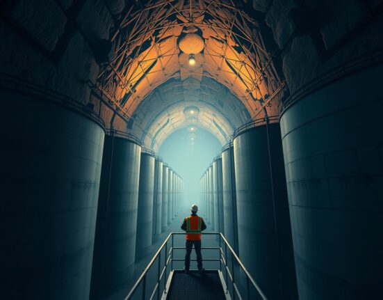 A vast underground cavern of the US Strategic Petroleum Reserve with towering steel storage tanks, illustrating the recent surge in SPR releases.