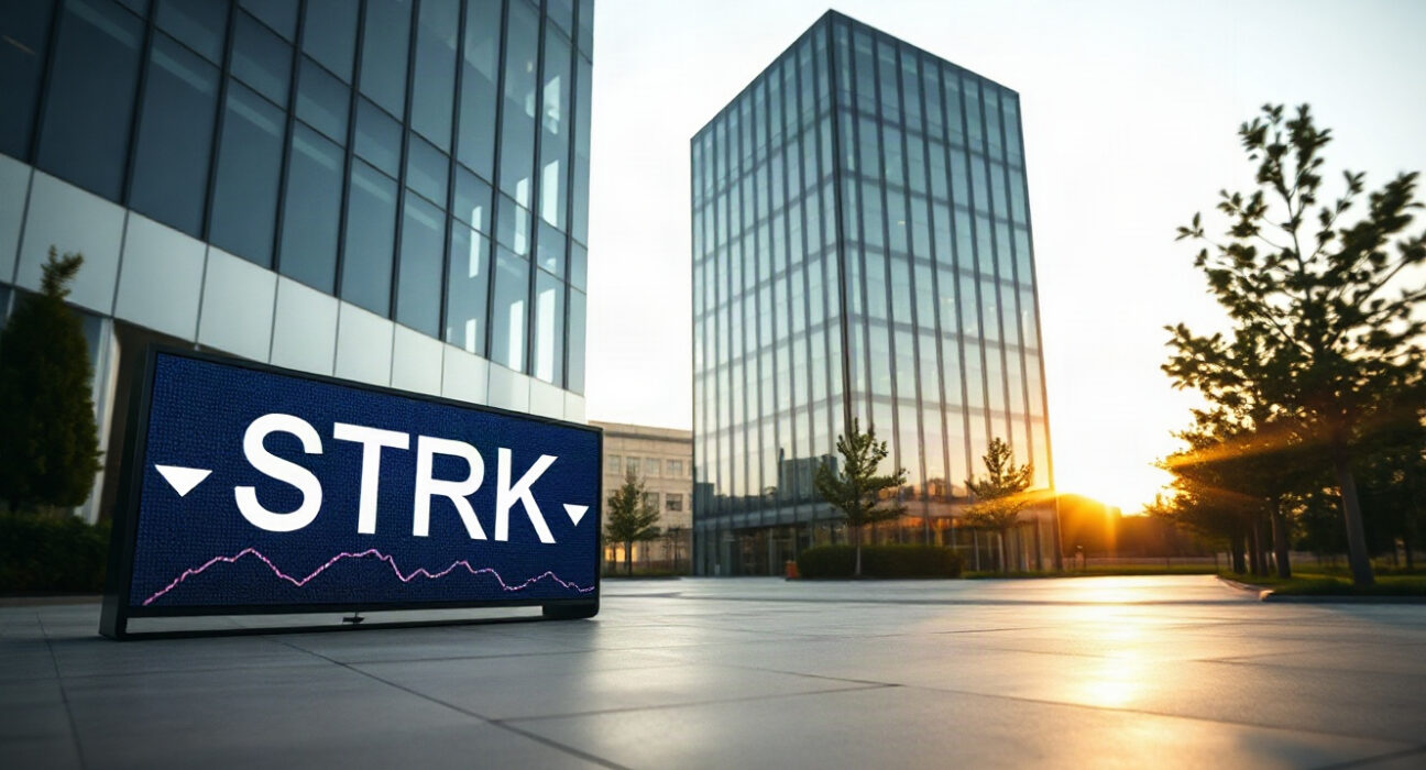 Corporate office building with a stock ticker showing STRK, representing Strategy's preferred stock buyback