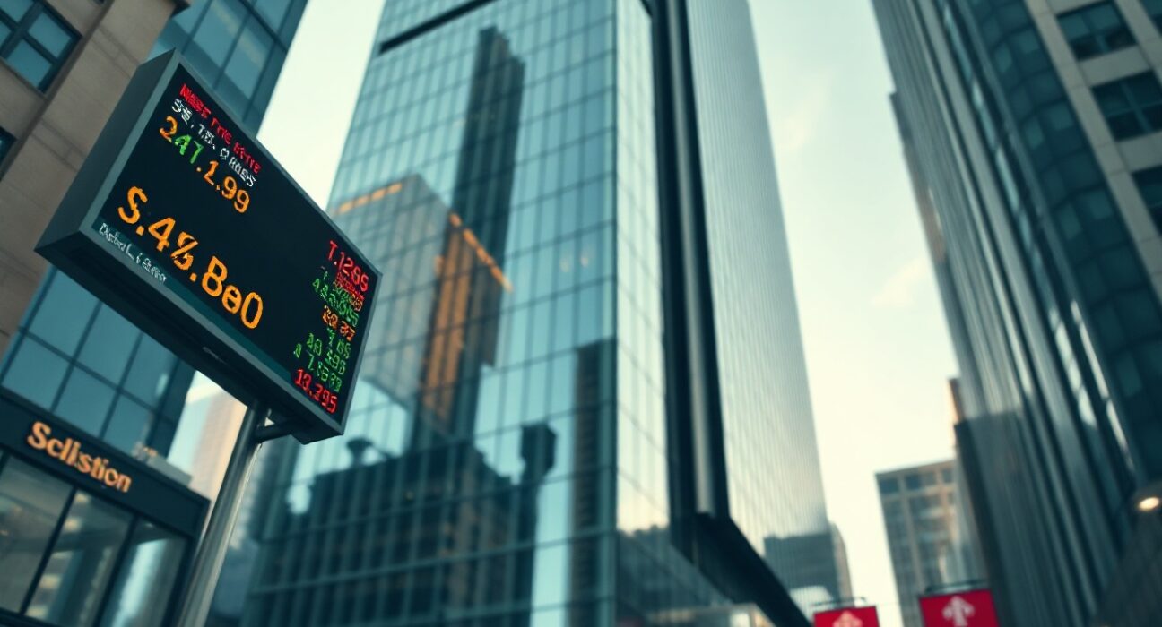 Modern financial district building representing corporate stability and dividend announcements.