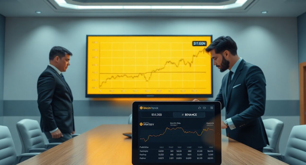 Business professionals analyzing Bitcoin holdings comparison between Strategy and Binance on a digital screen